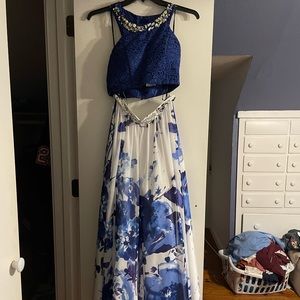 2-Piece Blue and White Floral Prom/Winter Formal/Homecoming/Winter Sports Dress